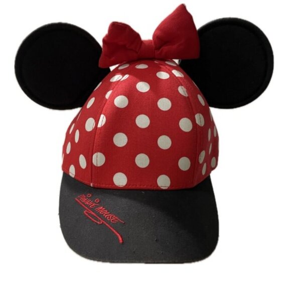 Disneyland MINNIE MOUSE BASBALL CAP POLKA DOOTS BOW KAWAII HAT RED BLACK - Picture 1 of 10